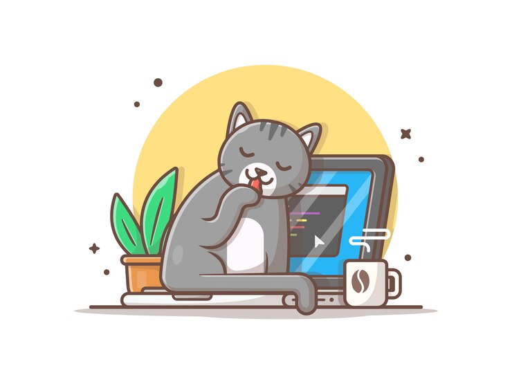 Vector lindo gato sentado en la ilustración del icono del ordenador portátil