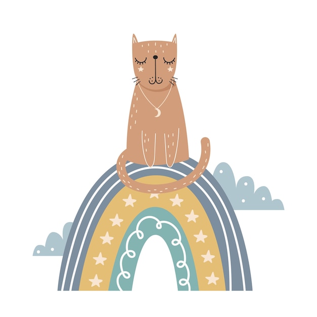 Lindo gato sentado en una ilustración de vector de arco iris