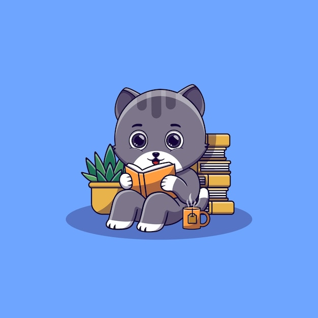 Lindo gato sentado mientras lee el libro