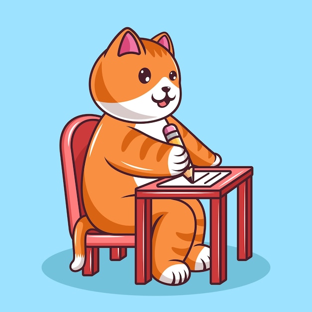 Lindo gato sentado en una silla y escribiendo usando una ilustración de dibujos animados de lápiz