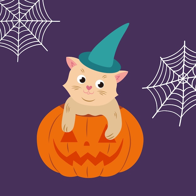 Lindo gato en un sombrero de bruja sentado en una ilustración de vector de calabaza de Halloween