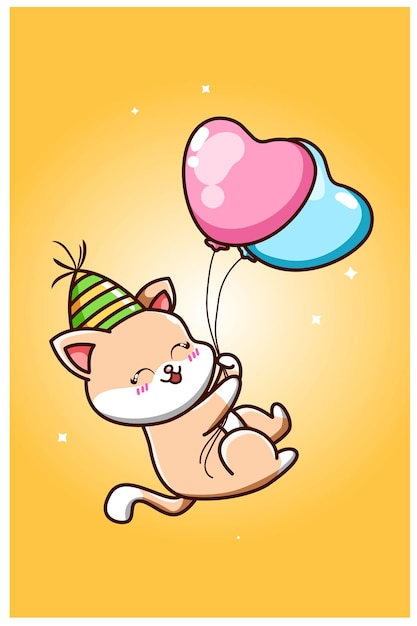 Un lindo gato con un sombrero de cumpleaños y flota con dos globos.