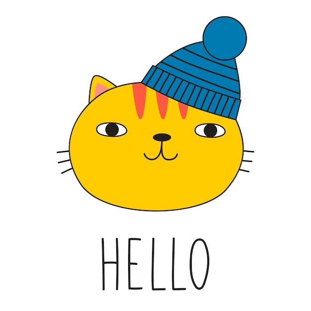 Lindo gato con sombrero de invierno y letras HOLA. Estilo garabato. ilustración vectorial