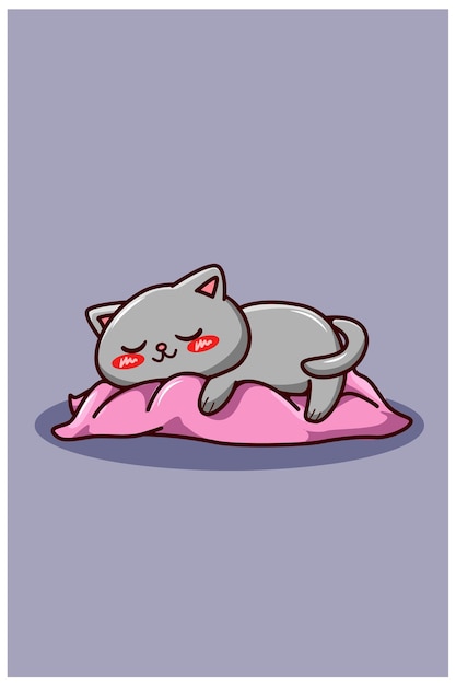 Vector lindo gato soñoliento en la almohada, ilustración de dibujos animados de animales