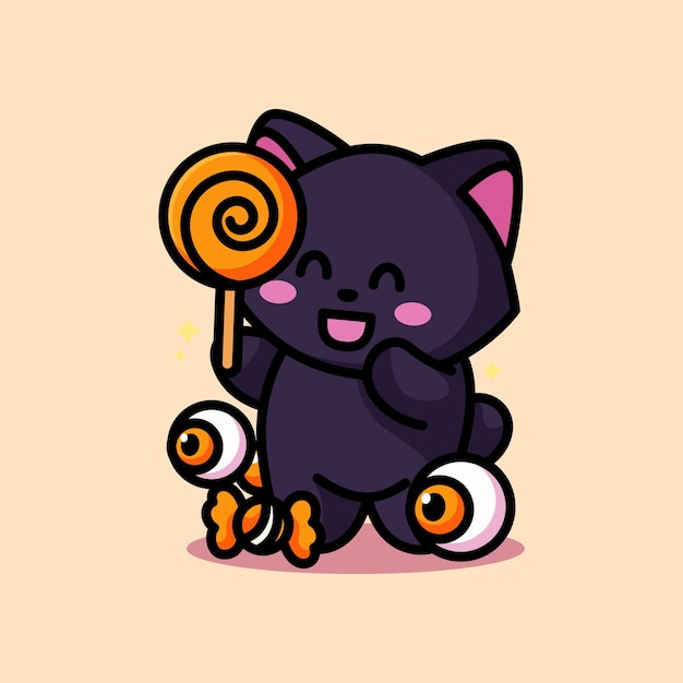 Vector lindo gato sosteniendo dulces y celebrando halloween