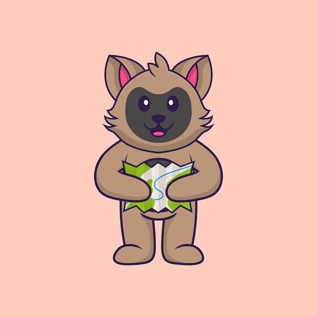 Lindo gato sosteniendo un mapa. Concepto de dibujos animados de animales aislado. Estilo de dibujos animados plana