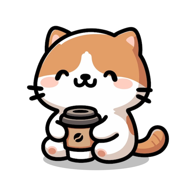 lindo gato con taza de café ilustración vectorial de dibujos animados