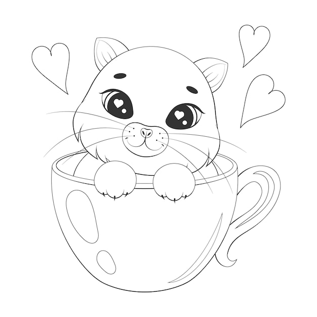 Lindo gato en taza personaje divertido estilo de dibujos animados libro para colorear ilustración vectorial aislado en blanco imagen monocromática