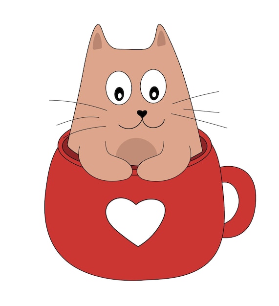 Lindo gato en taza roja con corazón Ilustración de vector de día de San Valentín romántico para tarjeta de felicitación