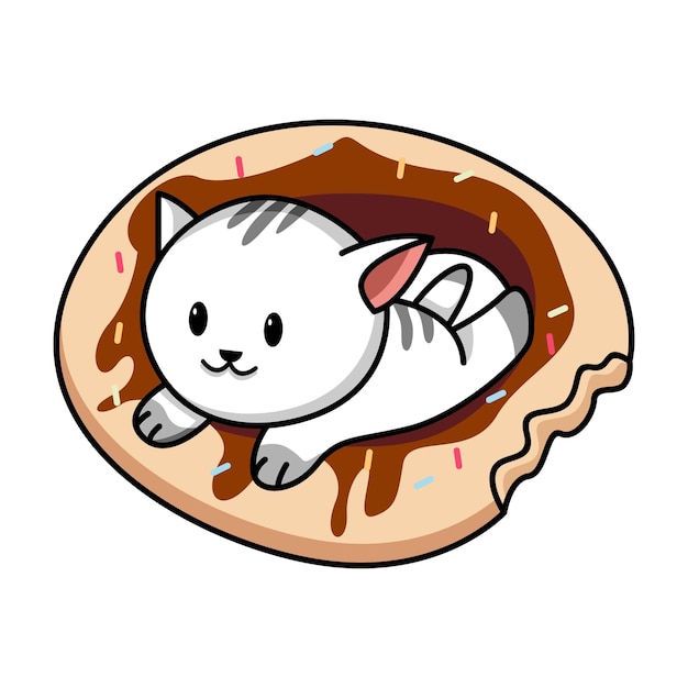 Lindo gato tendido en la ilustración de dibujos animados de donut