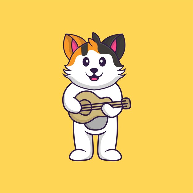 Lindo gato tocando la guitarra. Concepto de dibujos animados de animales aislado. Estilo de dibujos animados plana