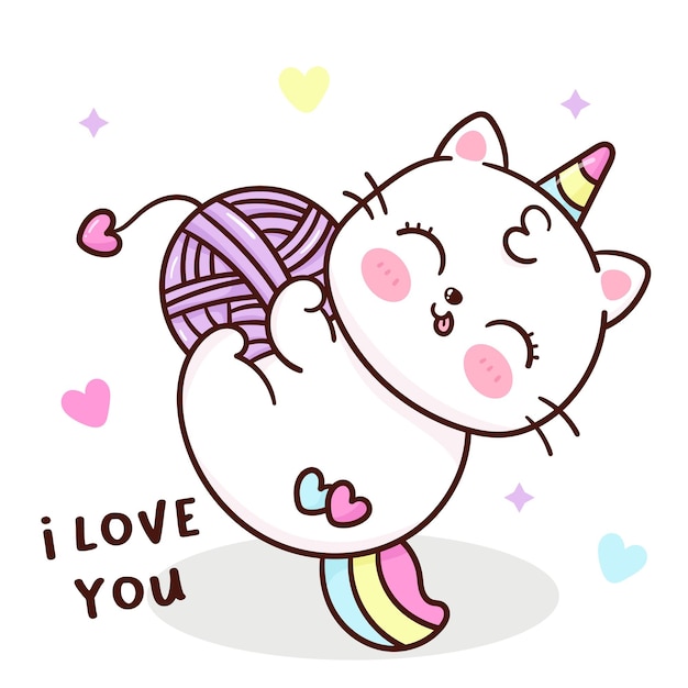 Lindo gato unicornio jugar tejer lana kawaii dibujos animados