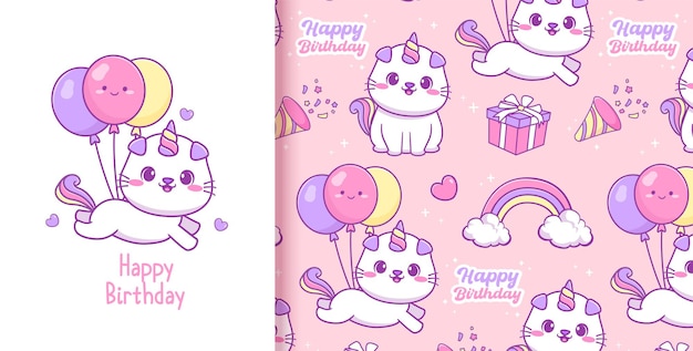 Lindo gato unicornio o caticorn cumpleaños dibujos animados doodle de patrones sin fisuras y tarjeta