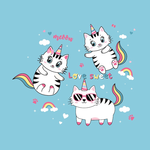 Lindo gato unicornio vector ilustrador con hermosa nube y arco iris