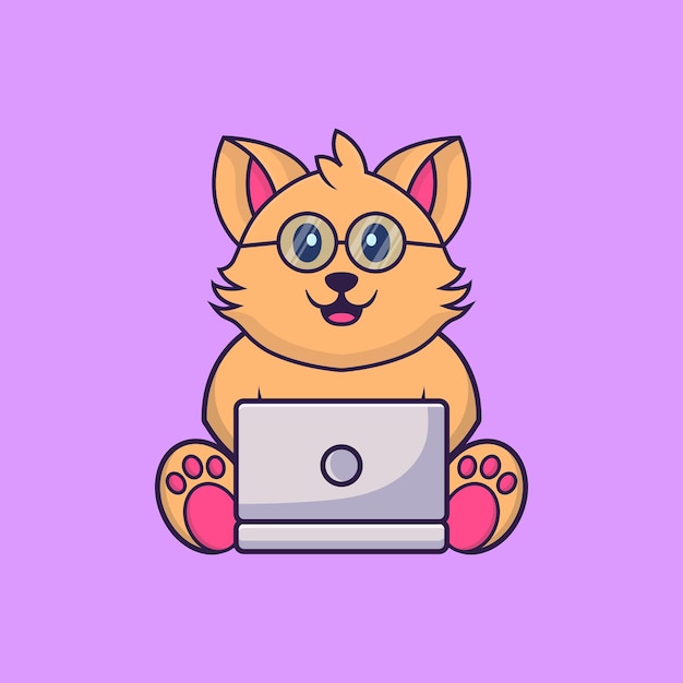 Lindo gato usando laptop concepto de dibujos animados de animales aislado