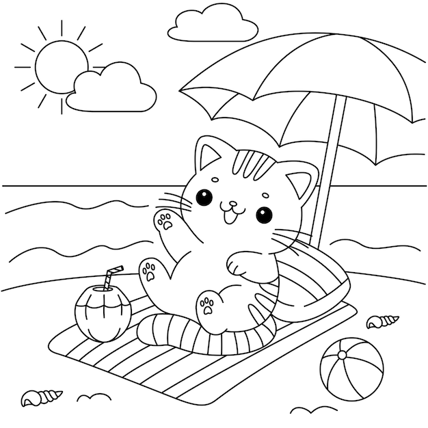 El lindo gato va en unas vacaciones en la playa página de colorear
