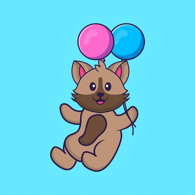 Lindo gato volando con dos globos. Concepto de dibujos animados de animales aislado.
