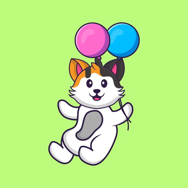 Lindo gato volando con dos globos. Concepto de dibujos animados de animales aislado.