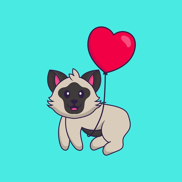 Lindo gato volando con globos en forma de amor. Concepto de dibujos animados de animales aislado.