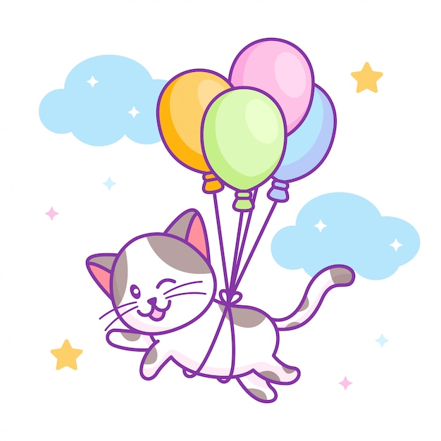 Lindo gato volando con globos