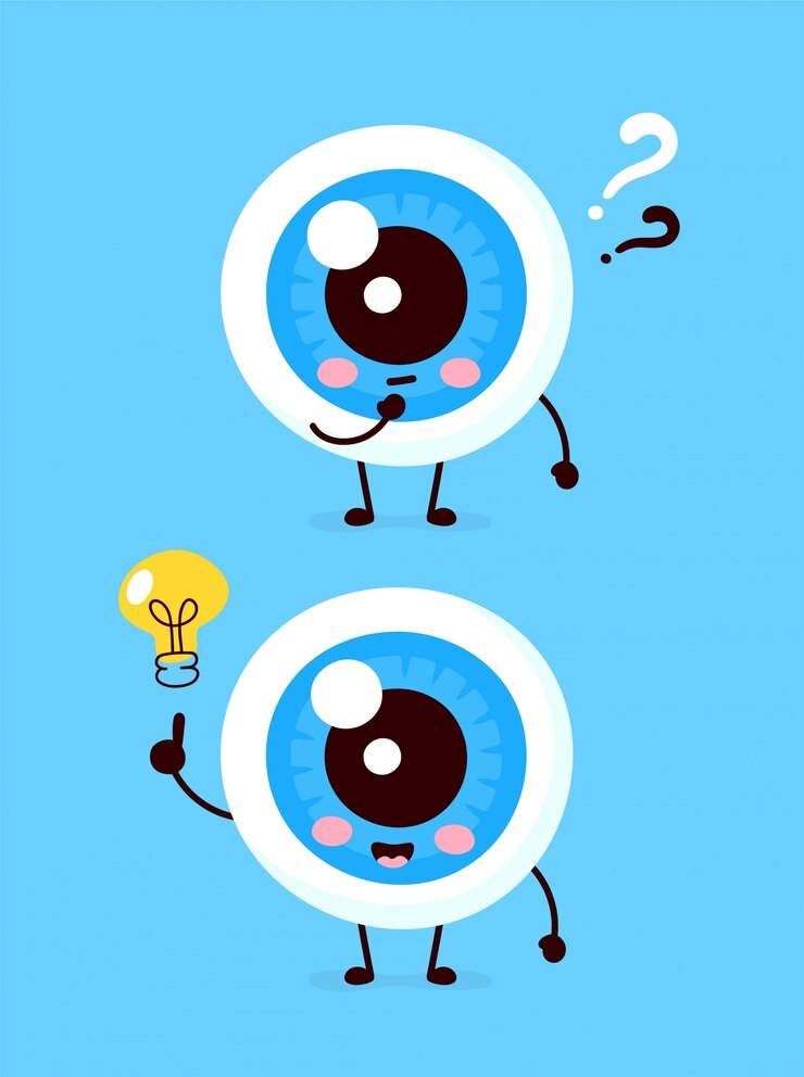 Vector lindo globo ocular con signo de interrogación y carácter de bombilla. icono de ilustración de personaje de dibujos animados plana. aislado en blanco ojo tiene idea