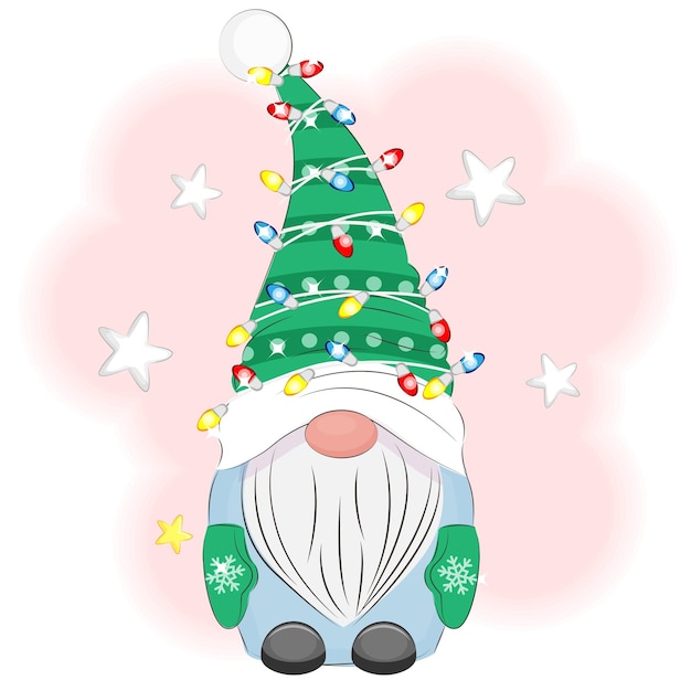 Lindo gnomo de Navidad con ilustración de vector de guirnalda