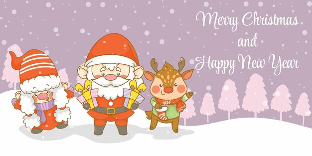 lindo gnomo de santa y ciervo con pancarta de felicitación de navidad y año nuevo
