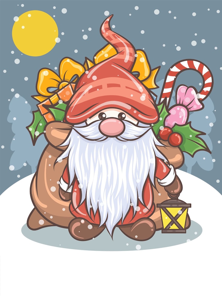 Vector lindo gnomo sosteniendo una linterna solar - ilustración de navidad