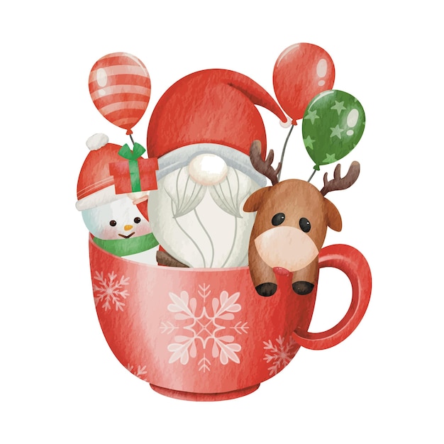 Lindo gnomo en una taza lista para celebrar la navidad. Ilustración vectorial dibujada a mano con acuarela.