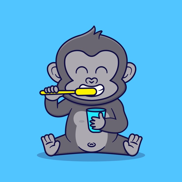 Vector el lindo gorila cepillándose los dientes ilustración de dibujos animados vectorial