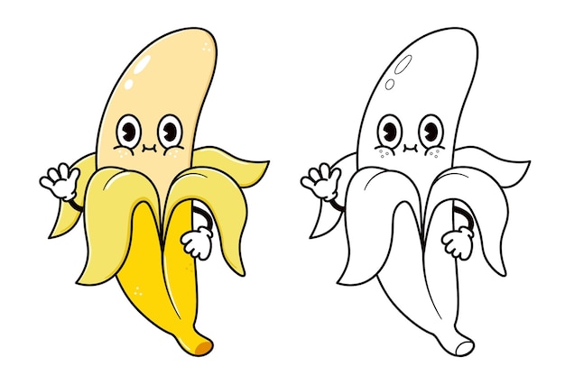 Lindo y gracioso banano agitando la mano Contorno del personaje Ilustración de dibujos animados Libro de colorear Vector dibujado a mano