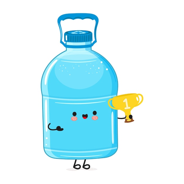Lindo y gracioso botella de agua de plástico con copa de trofeo de oro icono de ilustración de personaje de dibujos animados de kawaii dibujado a mano aislado sobre fondo blanco botella de aguas de plástico con taza de trofeos ganador