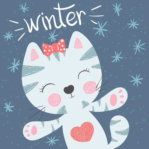 Lindo y gracioso gato ilustración de invierno.