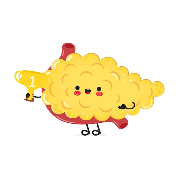 Lindo y gracioso páncreas sosteniendo la copa del trofeo de oro Icono de ilustración de personaje de dibujos animados kawaii dibujado a mano Icono aislado en fondo blanco Páncreas con copa del Trofeo ganador
