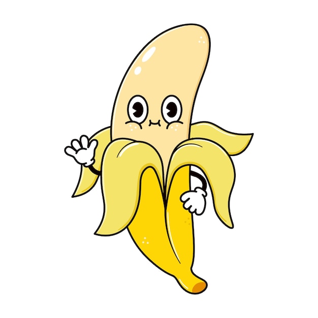 Lindo y gracioso personaje de la mano de plátano agitando el vector de la mano dibujado tradicional de dibujos animados vintage retro kawaii