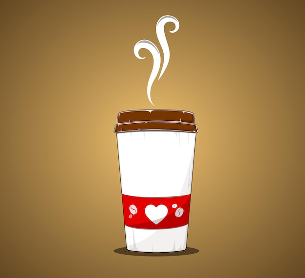 Lindo gran empaque de taza de café ilustración de corazón de amor de dibujos animados café con vapor