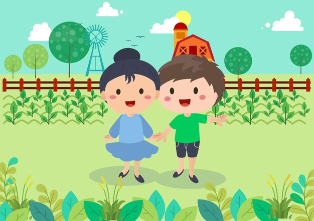 Lindo granjero niño y niña con imágenes prediseñadas de verduras frescas