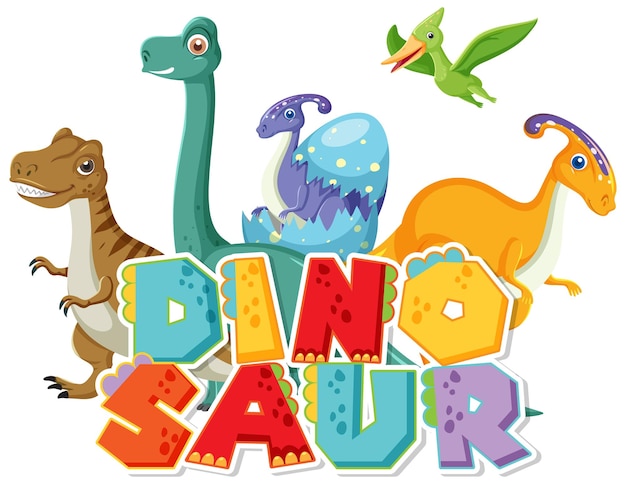 Vector lindo grupo de dinosaurios con el logo de la palabra dinosaurio