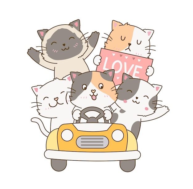 Lindo grupo de gatos conduciendo un coche morado garabato dibujo ilustración de dibujos animados vol2