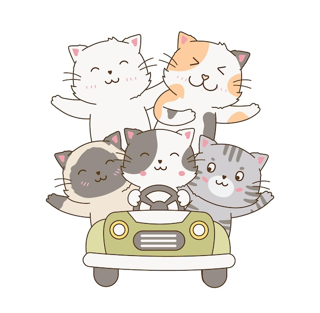 Lindo grupo de gatos conduciendo un coche morado garabato dibujo ilustración de dibujos animados vol3