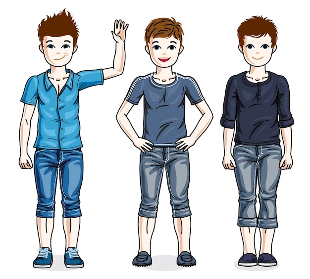 Lindo grupo de niños pequeños de pie usando diferentes ropas casuales. Conjunto vectorial de hermosas ilustraciones para niños. Imágenes prediseñadas de la infancia y el estilo de vida familiar.