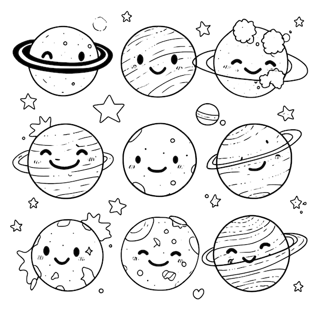 Lindo grupo de planetas página para colorear en blanco y negro para niños y adultos arte lineal estilo de dibujos animados simple feliz lindo y divertido