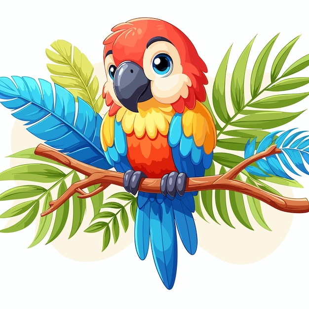 Vector un lindo guacamayo sentado en una rama de vector sobre un fondo blanco