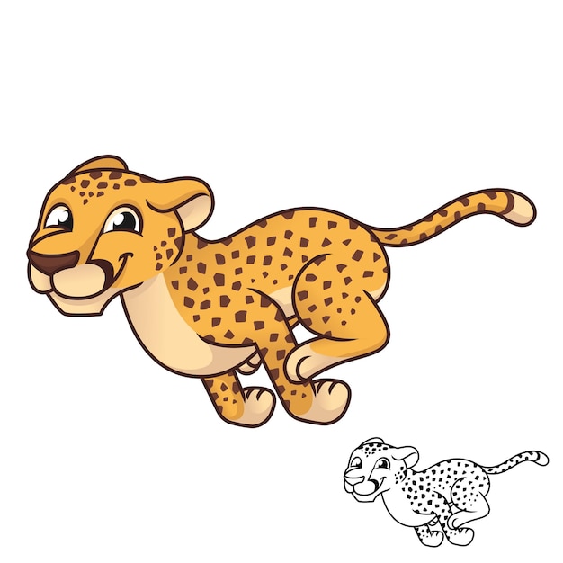 Lindo guepardo feliz corriendo rápido con dibujo de arte lineal en blanco y negro