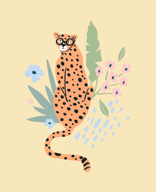 Vector lindo guepardo hipster con flores y hojas tropicales fondo de gato salvaje