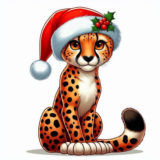Un lindo guepardo de Navidad Sombrero de Papá Noel Vector Ilustración de dibujos animados de fondo blanco