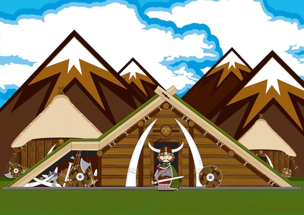 Lindo guerrero vikingo de dibujos animados con espada fuera de la cabaña de madera con techo de paja Ilustración de la historia nórdica