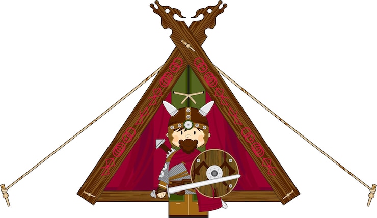 Vector lindo guerrero vikingo de dibujos animados con espada en la tienda ilustración de la historia nórdica