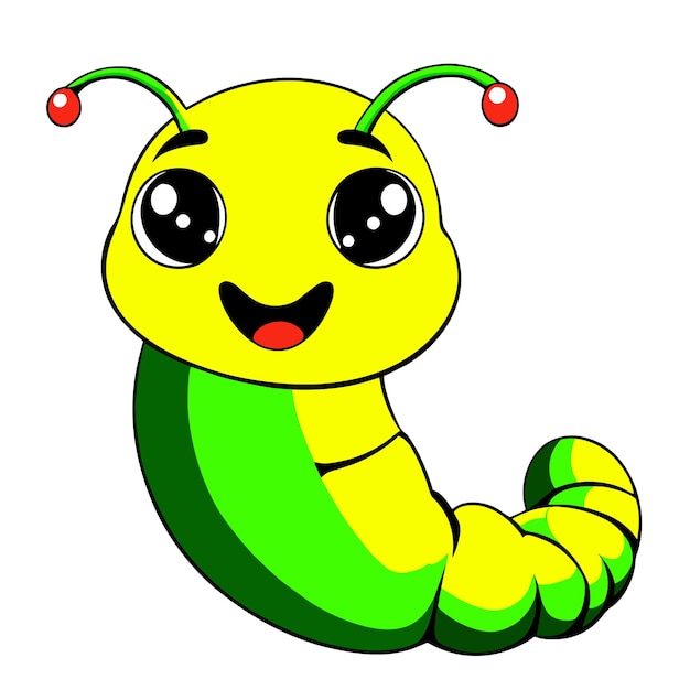 Vector lindo gusano larva larva gusano gusano dibujado a mano plano elegante pegatina de dibujos animados concepto de icono aislado