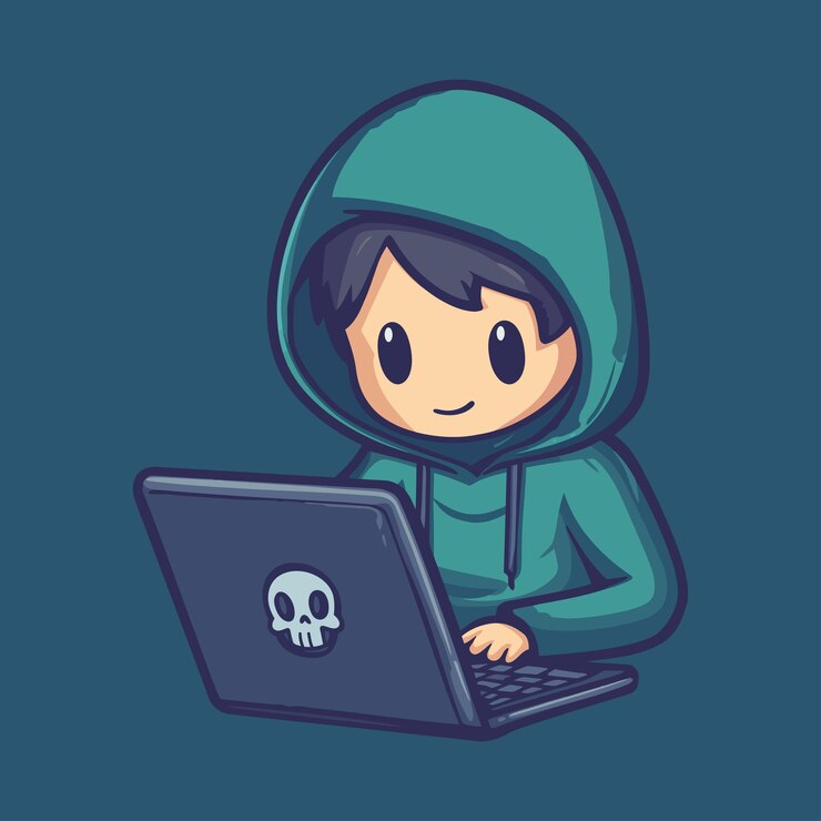 Vector un lindo hacker de dibujos animados con el cabello corto con una sudadera verde sentado frente a una computadora portátil